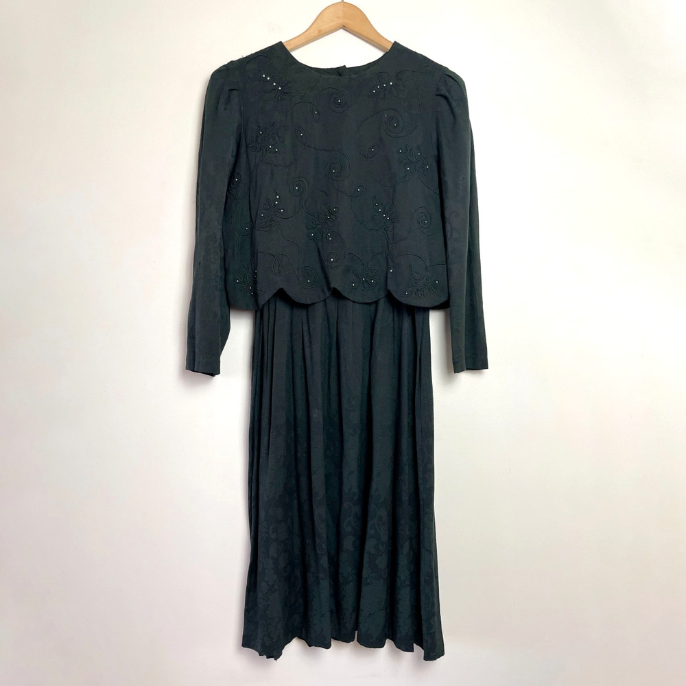 Vintage 90s Karen Stevens Beaded Embroidered Jacquard Dress Medium Romantic Goth